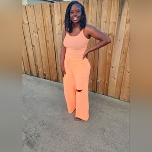 Zenana Cut-out Wide Leg Jogger Pants  (Neon Coral)